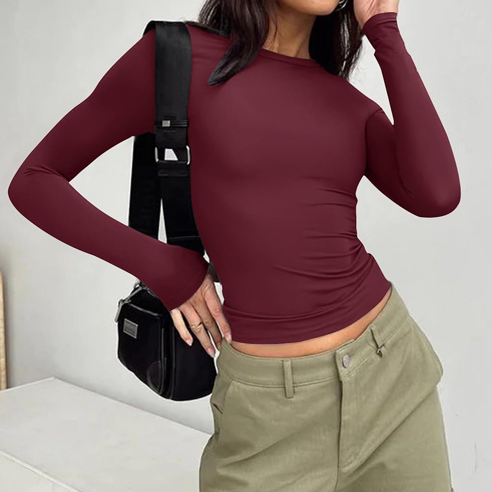 Solid Color Slim Fit Long Sleeve Top for Leisure Activities and Cycling - Picture 27 of 30