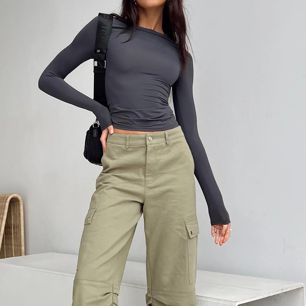 Solid Color Slim Fit Long Sleeve Top for Leisure Activities and Cycling - Picture 13 of 30