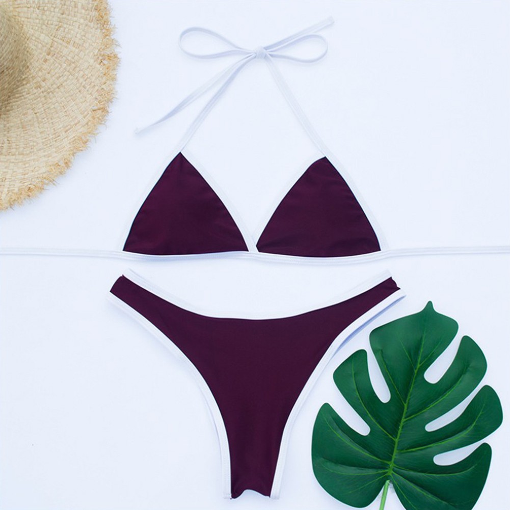 Maillot de bain bikini à lacets couleur unie pour femme vacances offres plage style mo