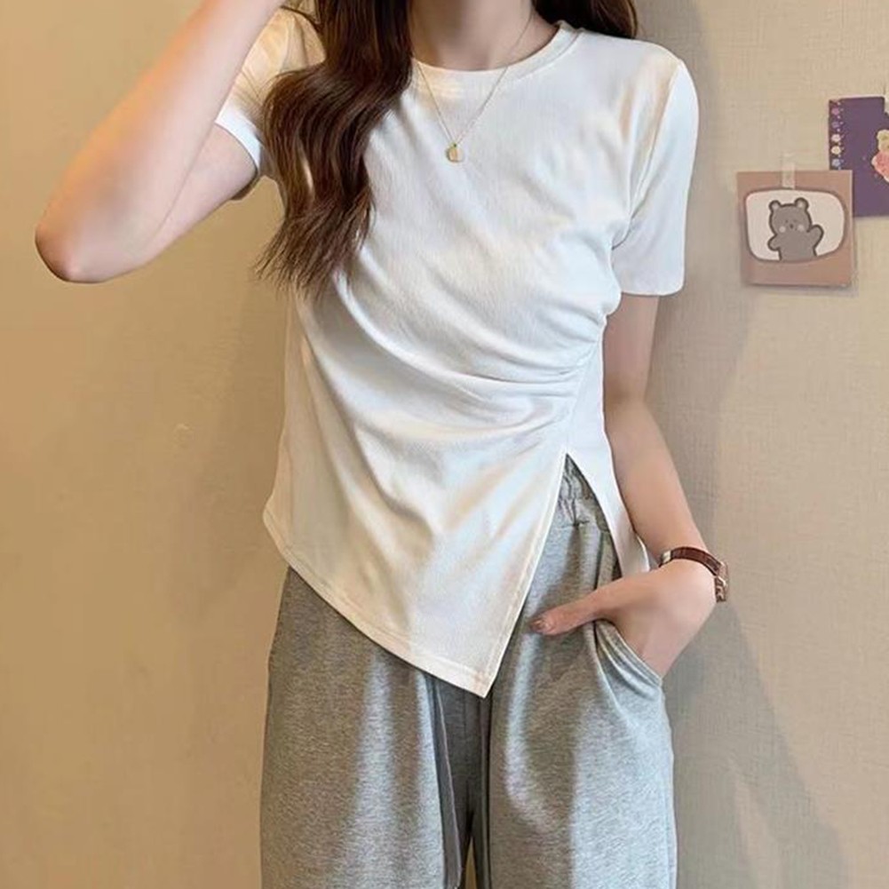 Modernes Damen T-Shirt mit Seitenschlitz und unregelmäßigem Stil für alle Gelegenheiten - Bild 12 von 13