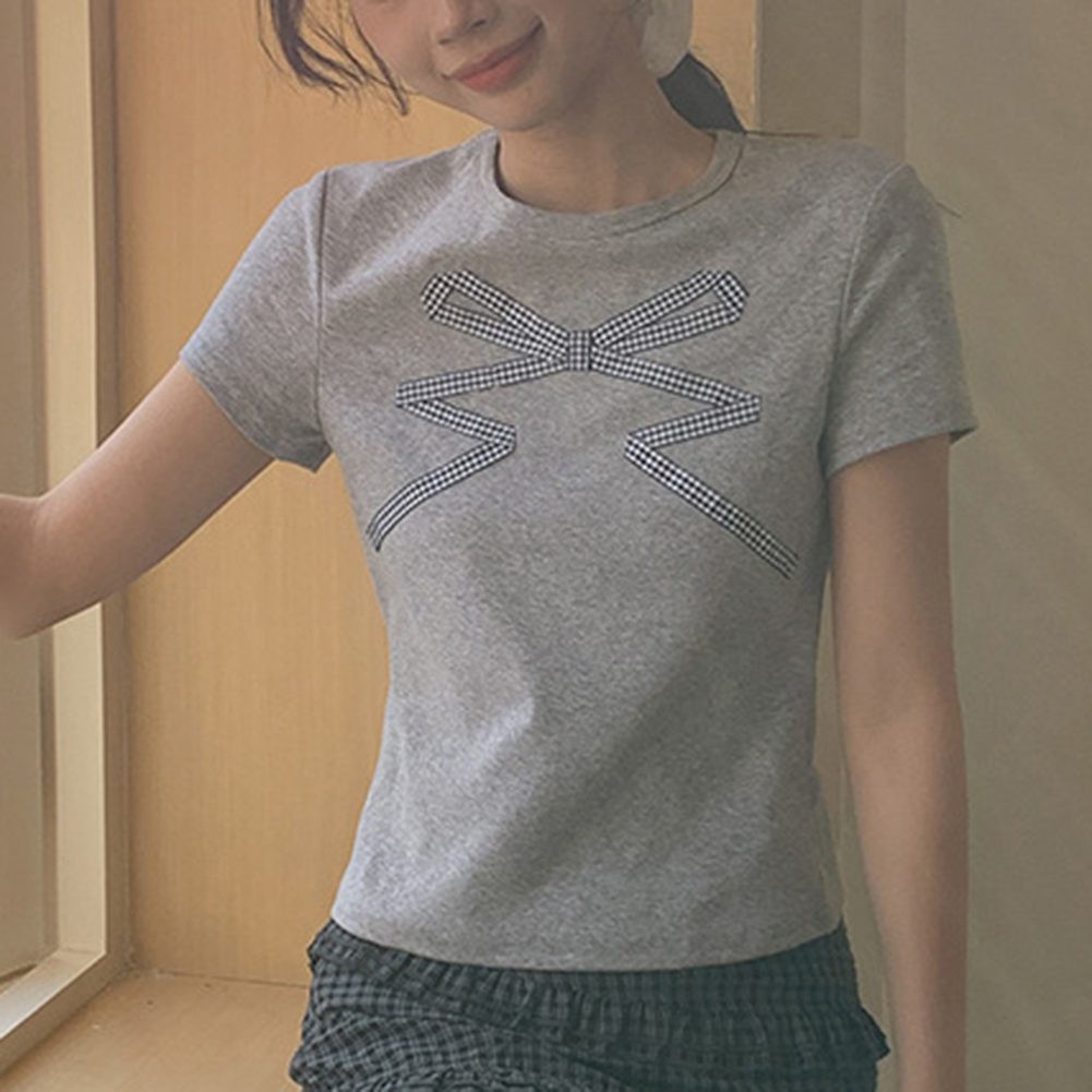 Casual Women Short Sleeve TShirt with Bow Print in Summer Cotton Fabric - Picture 21 of 22