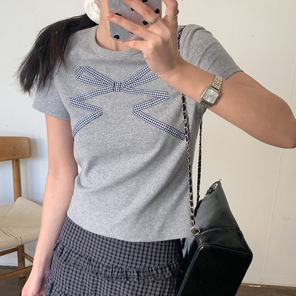 Casual Women Short Sleeve TShirt with Bow Print in Summer Cotton Fabric - Picture 13 of 22