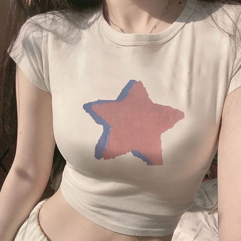 Summer Star Print T Shirt for Women with Short Sleeves and Casual Style - Picture 14 of 24