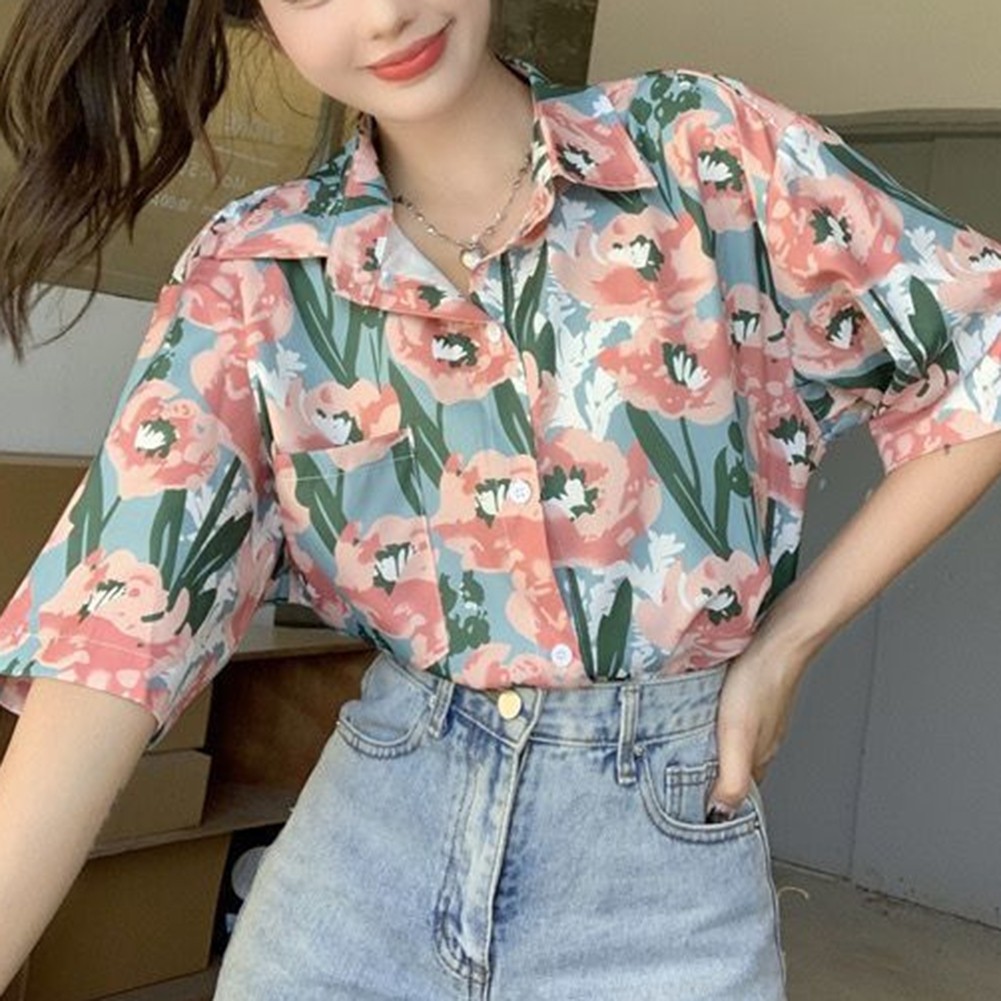 Hong Kong Style Tops Casual Daily Use Pink Patterned Top Polyester Fabric - Picture 17 of 32