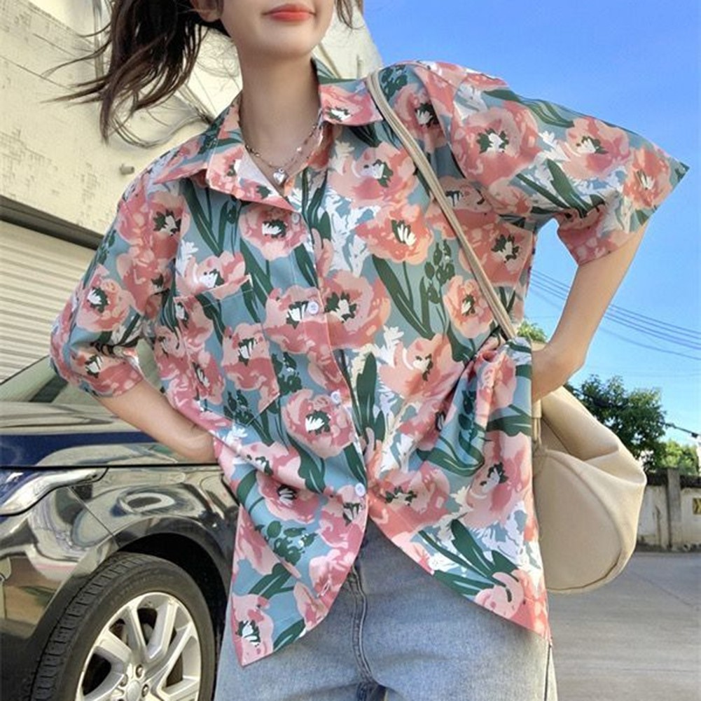 Hong Kong Style Tops Casual Daily Use Pink Patterned Top Polyester Fabric - Picture 13 of 32