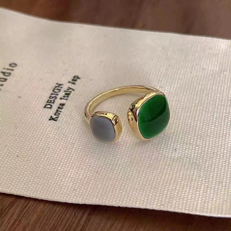 Trendy Gold Tone Adjustable Emerald Ring with Geometric Blue Green Zircon