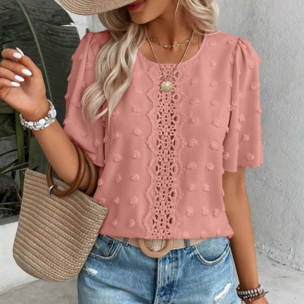 Simple Design Lace Round Neck Breathable Blouse Comfortable Wear Loose Fit - Picture 18 of 44