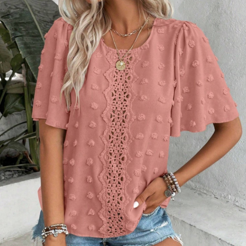 Simple Design Lace Round Neck Breathable Blouse Comfortable Wear Loose Fit - Picture 19 of 44