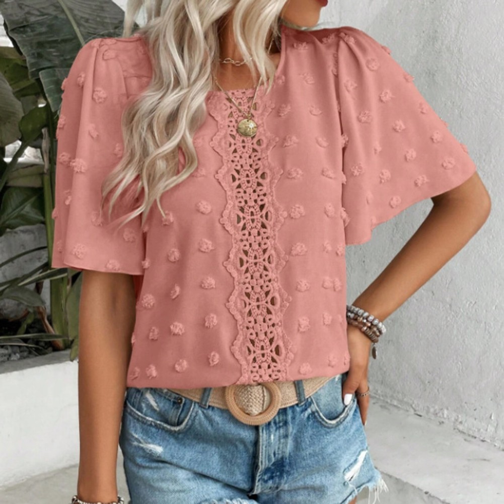 Simple Design Lace Round Neck Breathable Blouse Comfortable Wear Loose Fit - Picture 17 of 44
