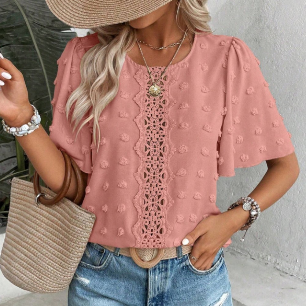 Simple Design Lace Round Neck Breathable Blouse Comfortable Wear Loose Fit - Picture 16 of 44