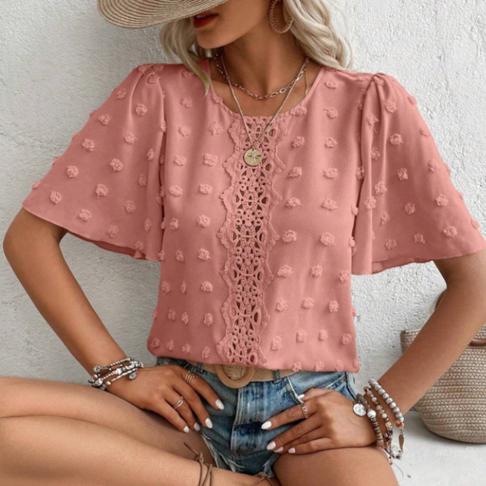 Simple Design Lace Round Neck Breathable Blouse Comfortable Wear Loose Fit - Picture 14 of 44