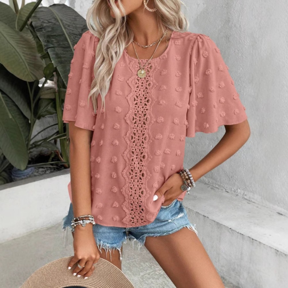 Simple Design Lace Round Neck Breathable Blouse Comfortable Wear Loose Fit - Picture 15 of 44