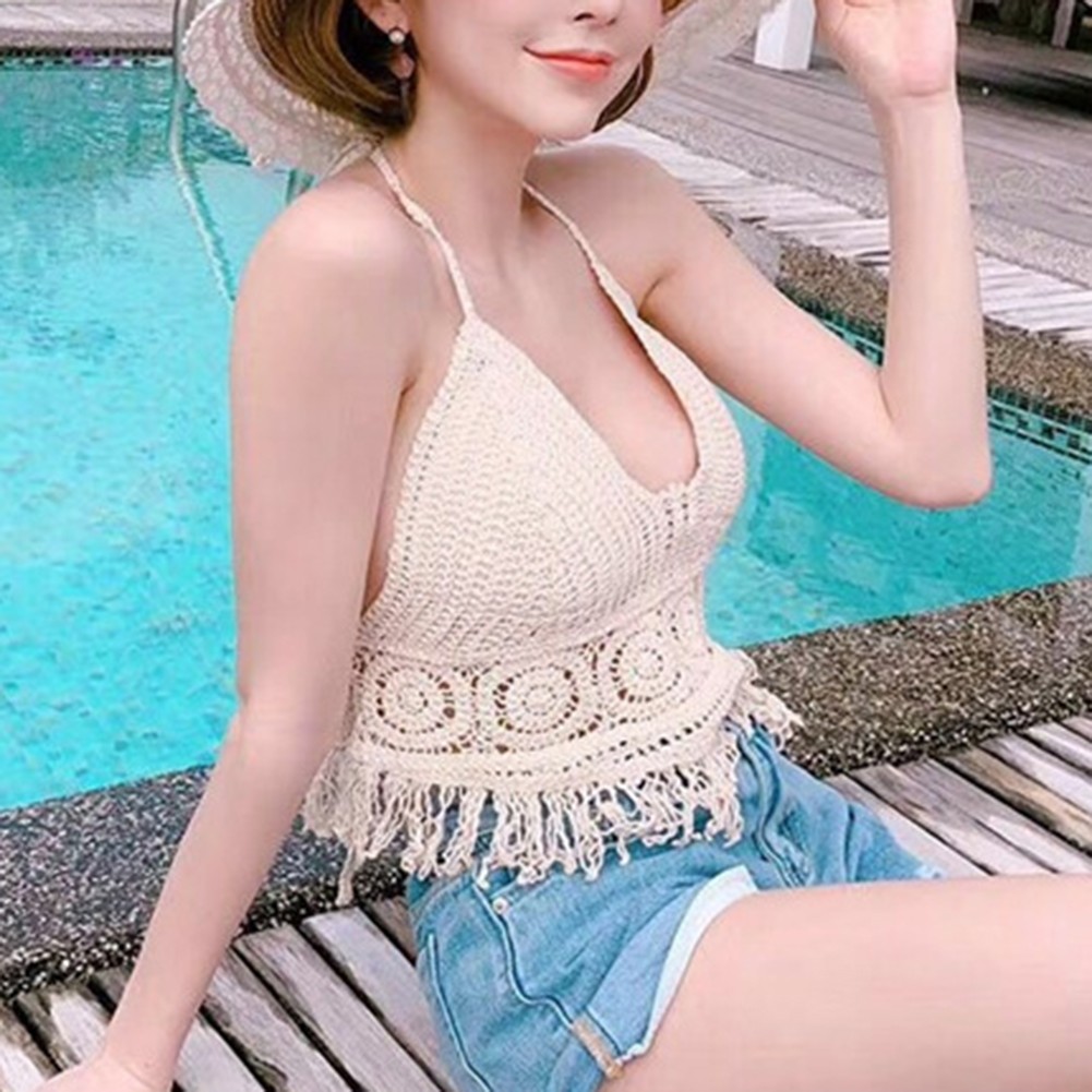 Stylish Women Crochet Halter Tank Top with Tassel for Summer Vacations - Picture 40 of 42