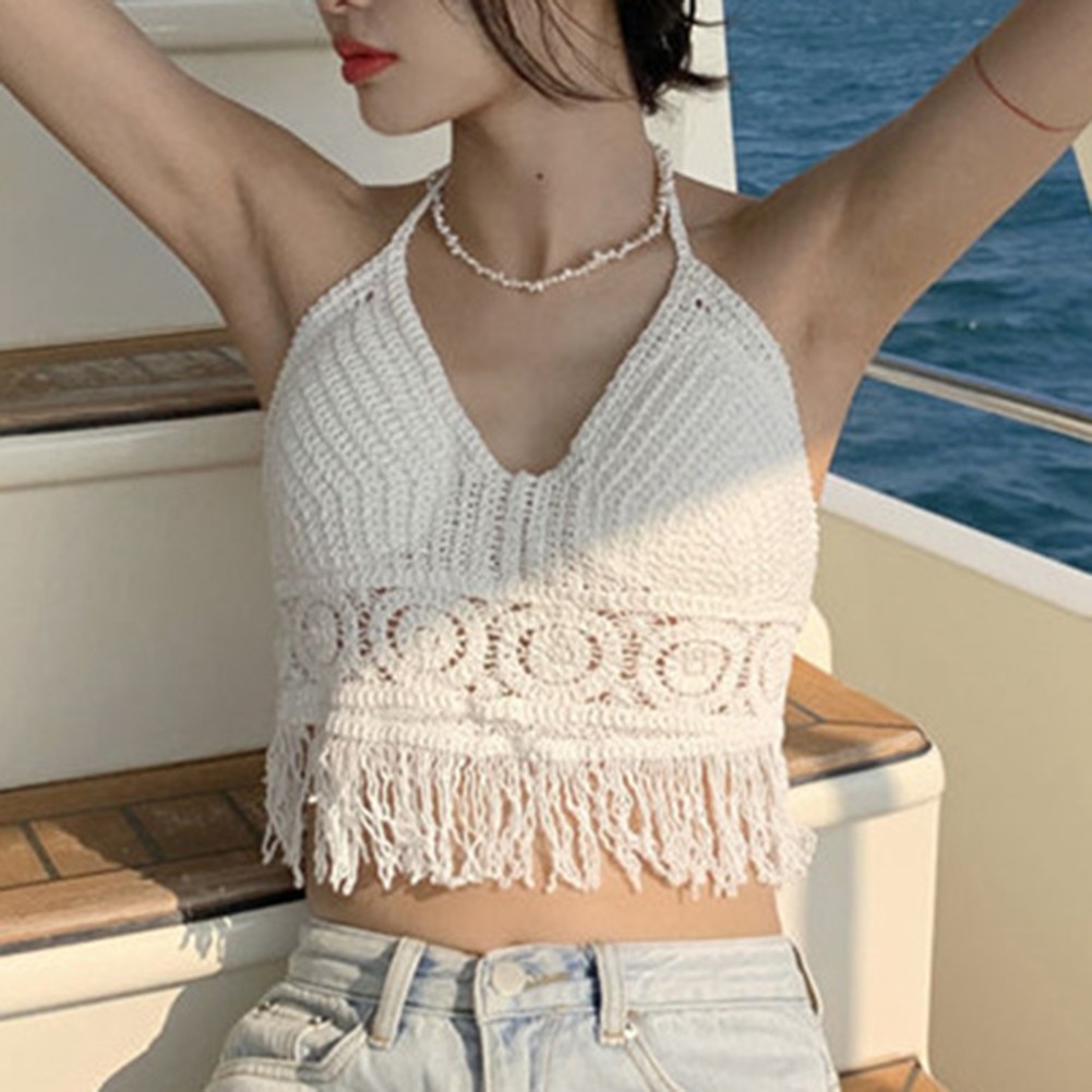 Stylish Women Crochet Halter Tank Top with Tassel for Summer Vacations - Picture 35 of 42
