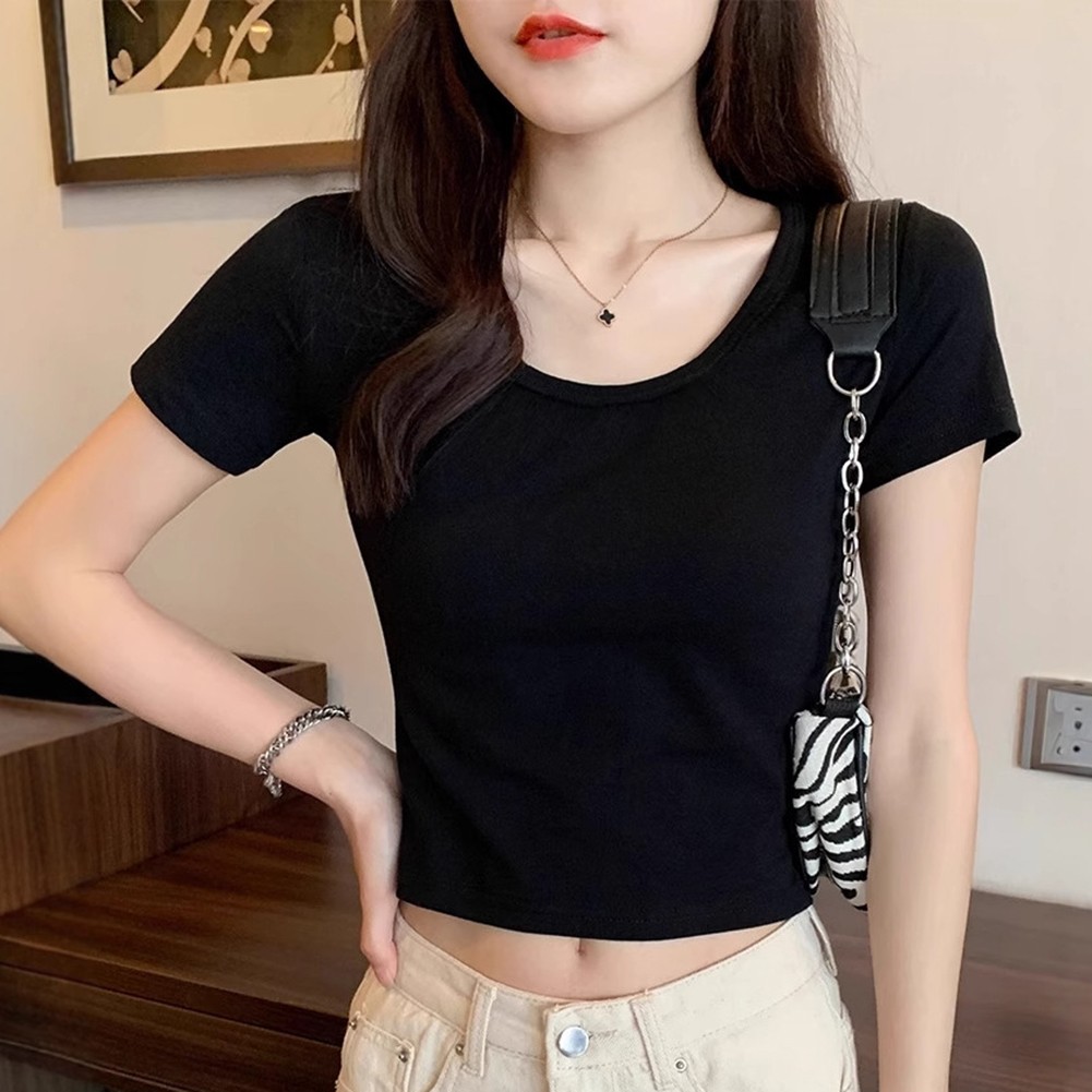 Trendy Summer Short Sleeve T Shirts for Women Solid Basic Crop Tops for Style - Picture 14 of 28