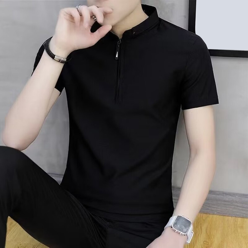 V Neck Zipper Design Men Tops for Casual Business Short Sleeves Slim Fit - Picture 11 of 18