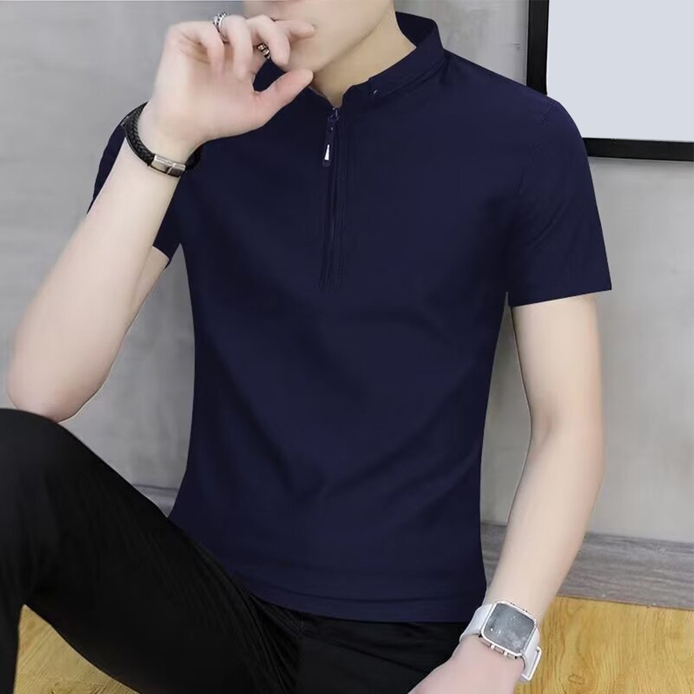 V Neck Zipper Design Men Tops for Casual Business Short Sleeves Slim Fit - Picture 12 of 18