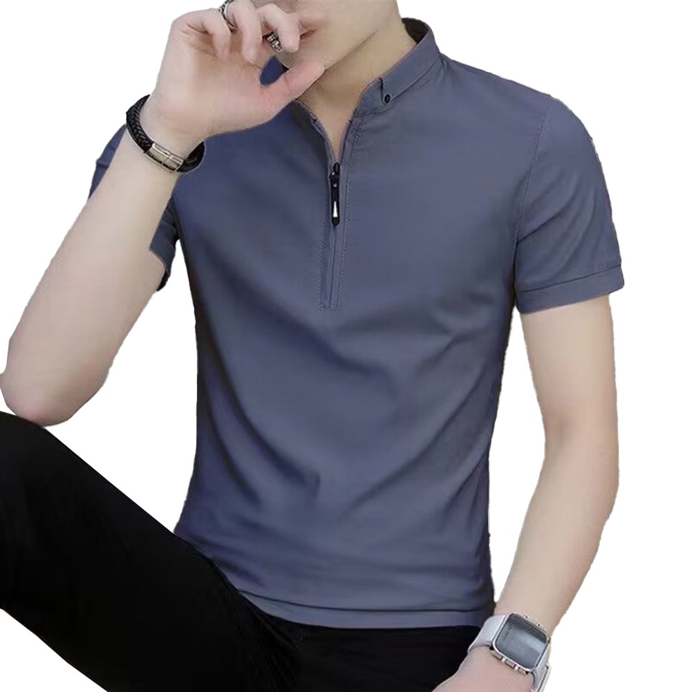 V Neck Zipper Design Men Tops for Casual Business Short Sleeves Slim Fit - Picture 16 of 18