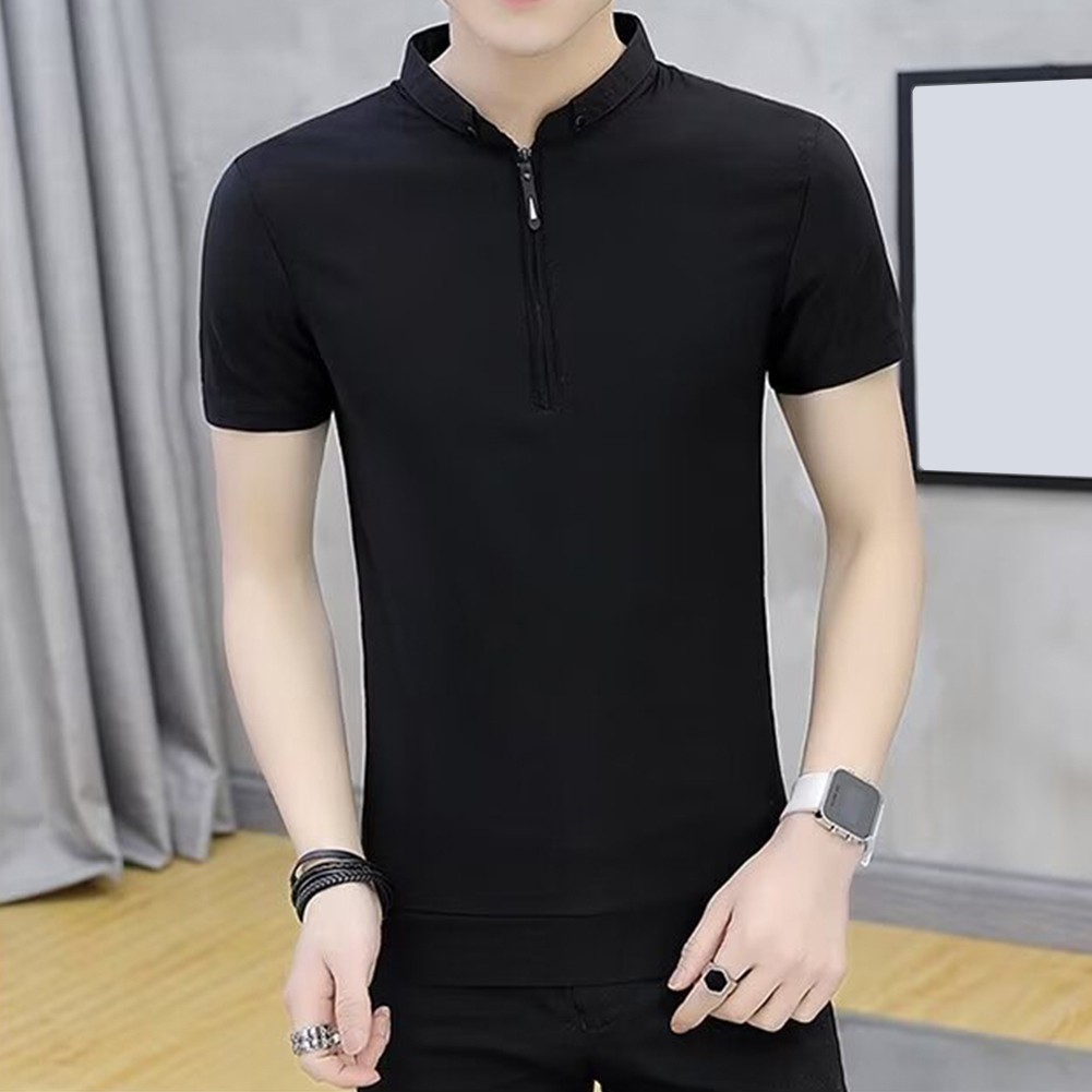 V Neck Zipper Design Men Tops for Casual Business Short Sleeves Slim Fit - Picture 9 of 18