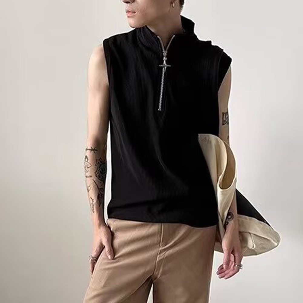 Men's Y2K Streetwear Zipper Tank Top Vintage Sleeveless Vest with Stand Neck - Picture 11 of 18