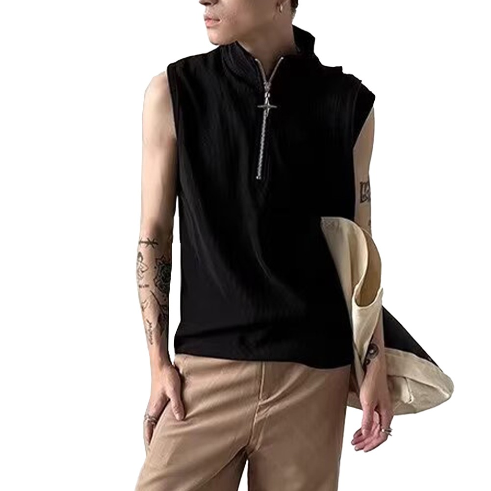 Men's Y2K Streetwear Zipper Tank Top Vintage Sleeveless Vest with Stand Neck - Picture 12 of 18