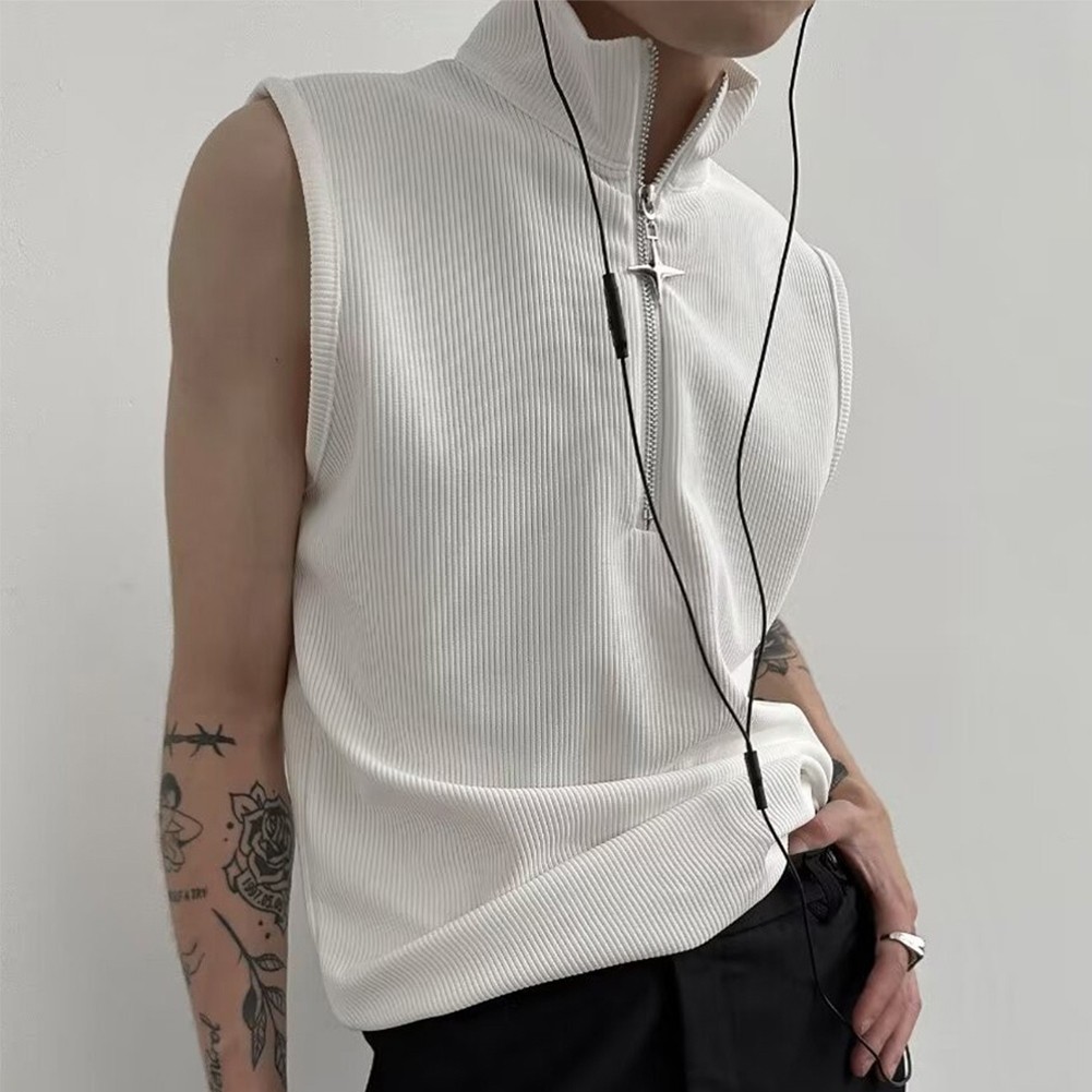 Men's Y2K Streetwear Zipper Tank Top Vintage Sleeveless Vest with Stand Neck - Picture 16 of 18