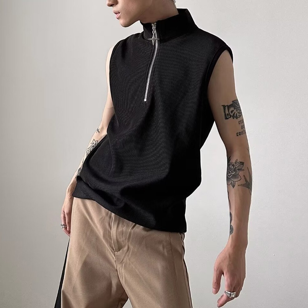 Men's Y2K Streetwear Zipper Tank Top Vintage Sleeveless Vest with Stand Neck - Picture 13 of 18