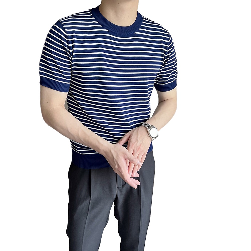 Men's Stylish Stripe Crew Neck T Shirt Pullover Short Sleeve Blouse Top - Picture 28 of 32