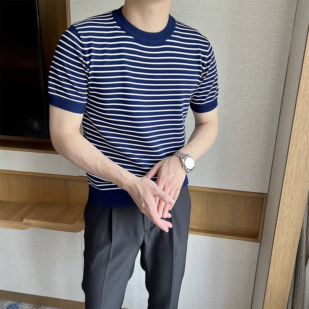 Men's Stylish Stripe Crew Neck T Shirt Pullover Short Sleeve Blouse Top - Picture 29 of 32
