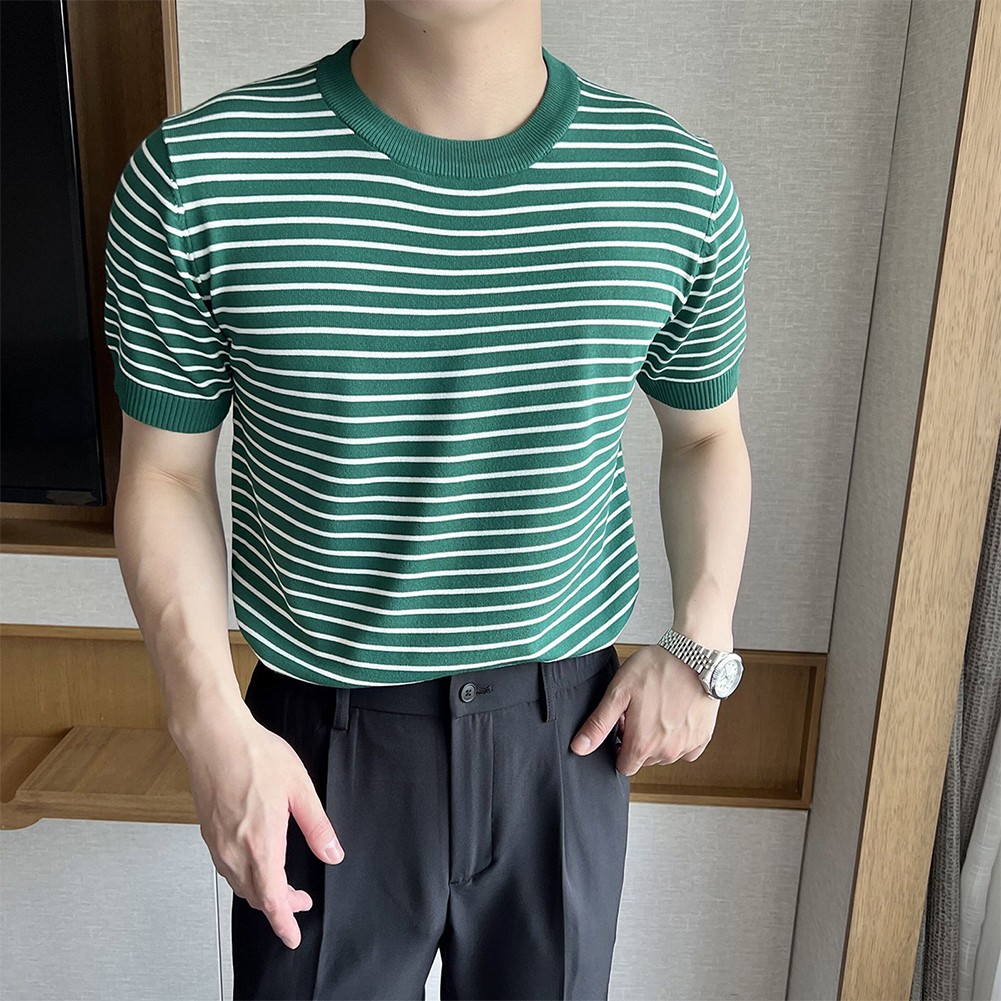 Men's Stylish Stripe Crew Neck T Shirt Pullover Short Sleeve Blouse Top - Picture 21 of 32