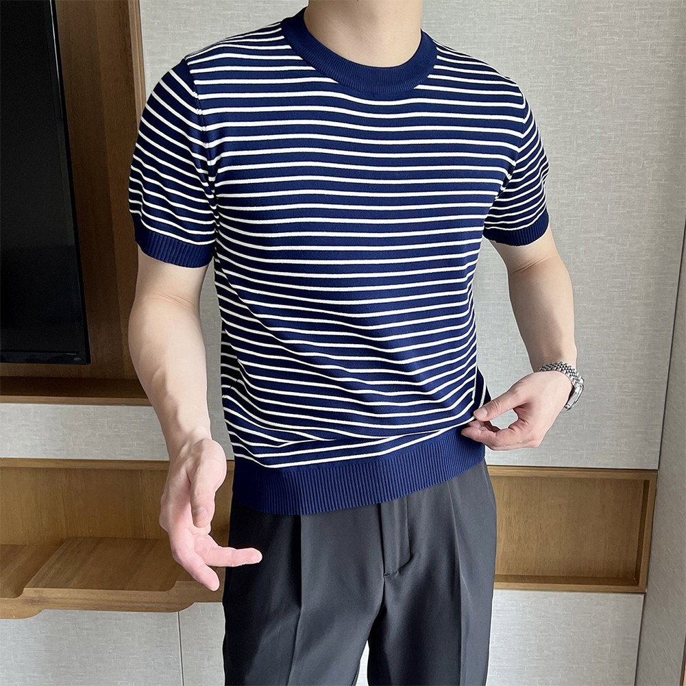 Men's Stylish Stripe Crew Neck T Shirt Pullover Short Sleeve Blouse Top - Picture 32 of 32