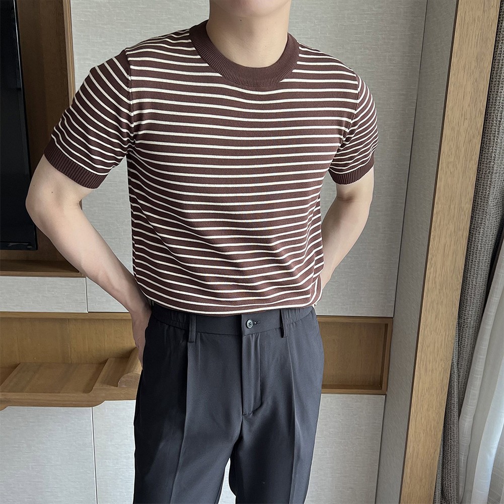 Men's Stylish Stripe Crew Neck T Shirt Pullover Short Sleeve Blouse Top - Picture 15 of 32