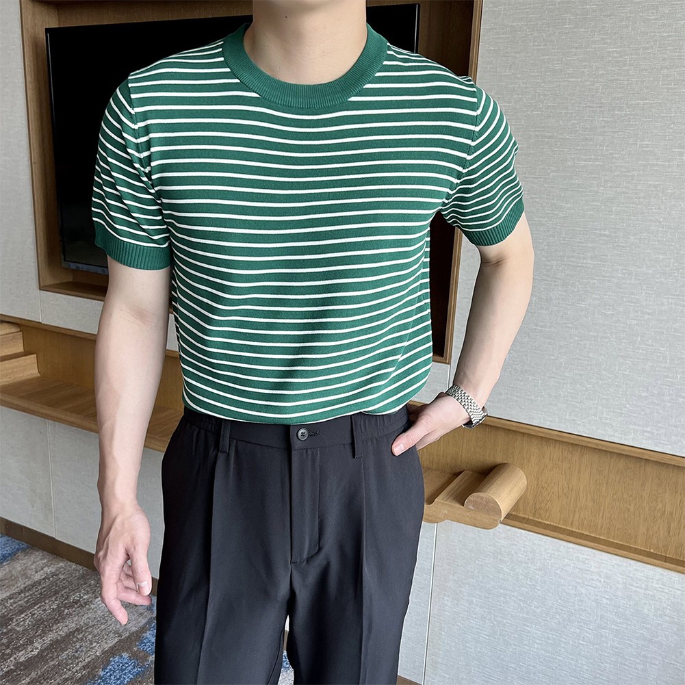 Men's Stylish Stripe Crew Neck T Shirt Pullover Short Sleeve Blouse Top - Picture 24 of 32