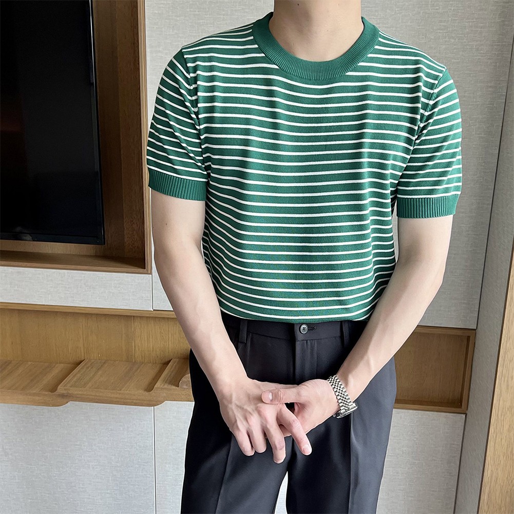 Men's Stylish Stripe Crew Neck T Shirt Pullover Short Sleeve Blouse Top - Picture 25 of 32