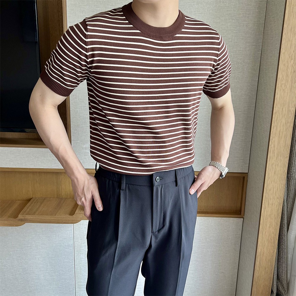 Men's Stylish Stripe Crew Neck T Shirt Pullover Short Sleeve Blouse Top - Picture 18 of 32