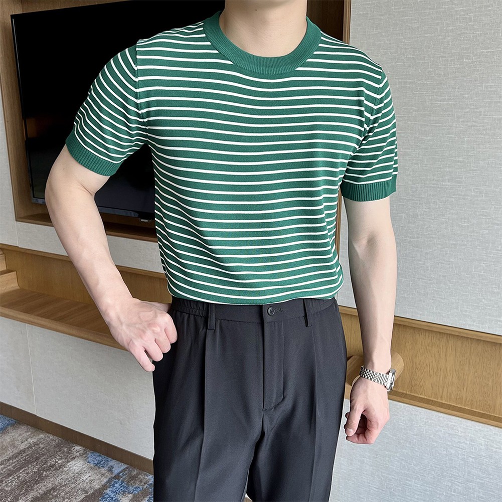 Men's Stylish Stripe Crew Neck T Shirt Pullover Short Sleeve Blouse Top - Picture 23 of 32