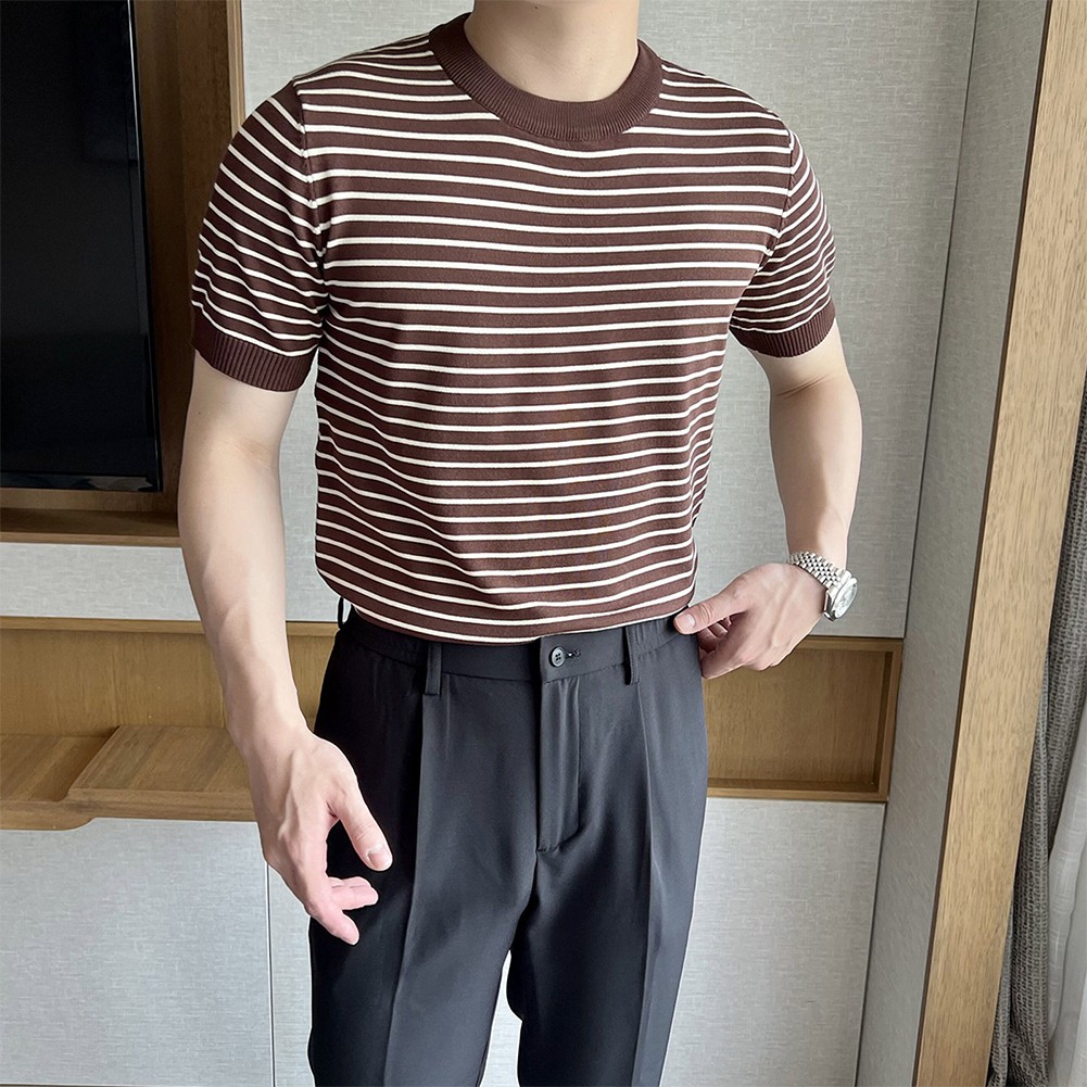 Men's Stylish Stripe Crew Neck T Shirt Pullover Short Sleeve Blouse Top - Picture 17 of 32