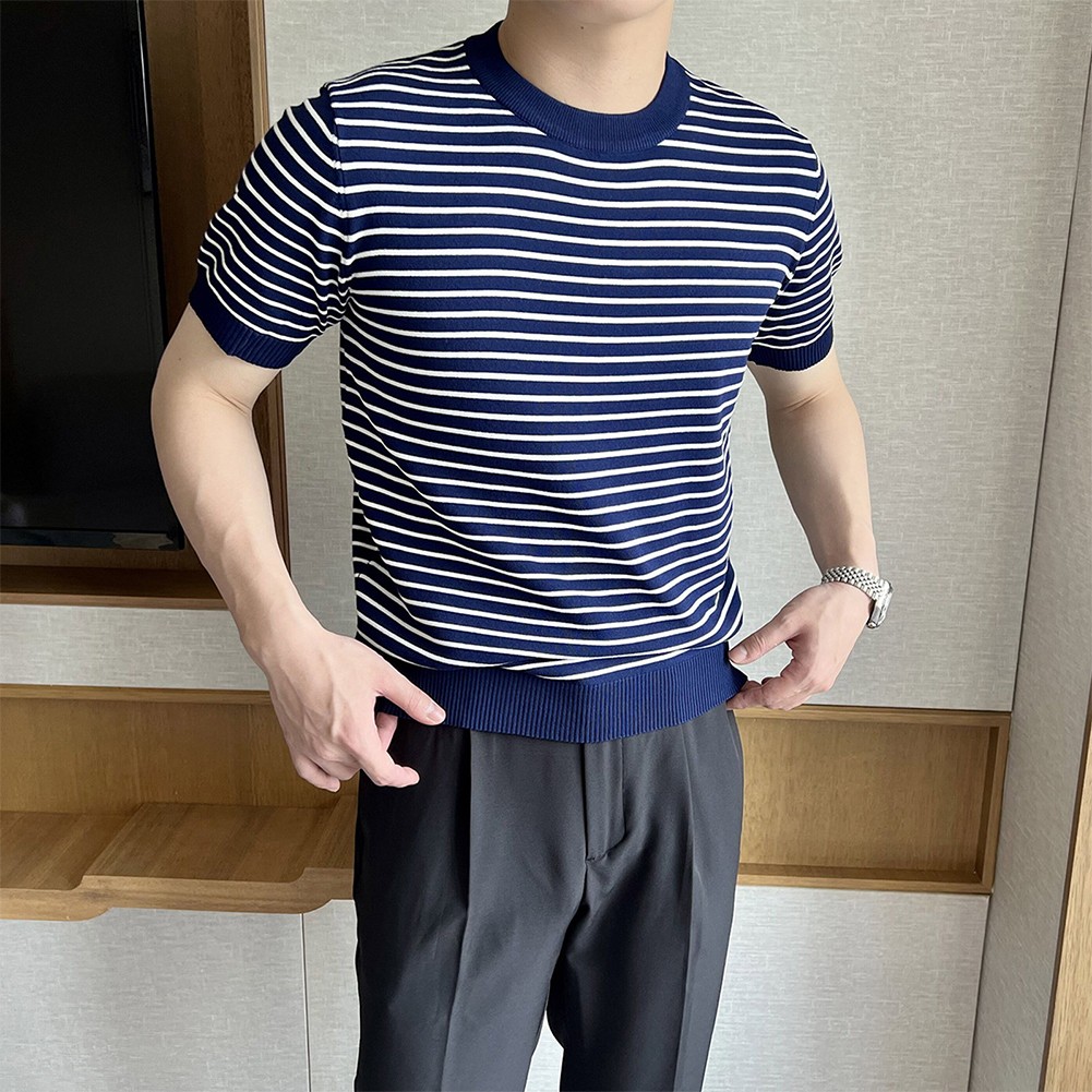 Men's Stylish Stripe Crew Neck T Shirt Pullover Short Sleeve Blouse Top - Picture 27 of 32
