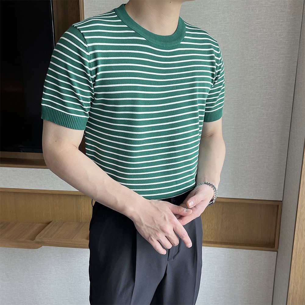 Men's Stylish Stripe Crew Neck T Shirt Pullover Short Sleeve Blouse Top - Picture 26 of 32