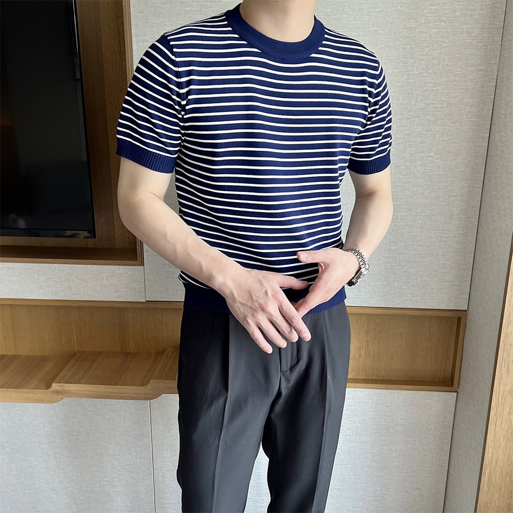 Men's Stylish Stripe Crew Neck T Shirt Pullover Short Sleeve Blouse Top - Picture 31 of 32