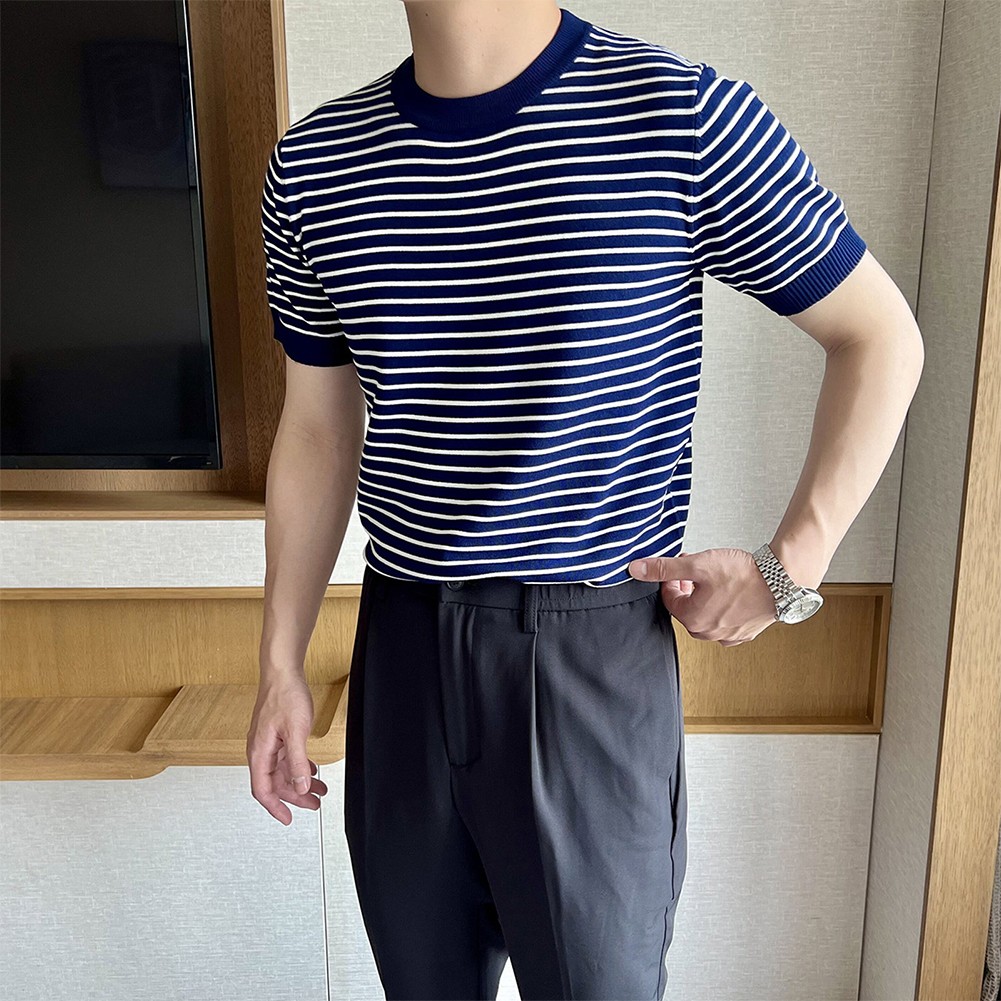 Men's Stylish Stripe Crew Neck T Shirt Pullover Short Sleeve Blouse Top - Picture 30 of 32