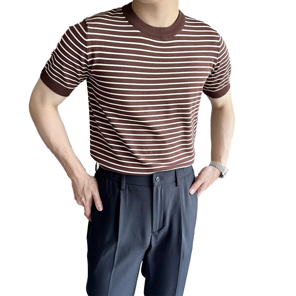 Men's Stylish Stripe Crew Neck T Shirt Pullover Short Sleeve Blouse Top - Picture 16 of 32