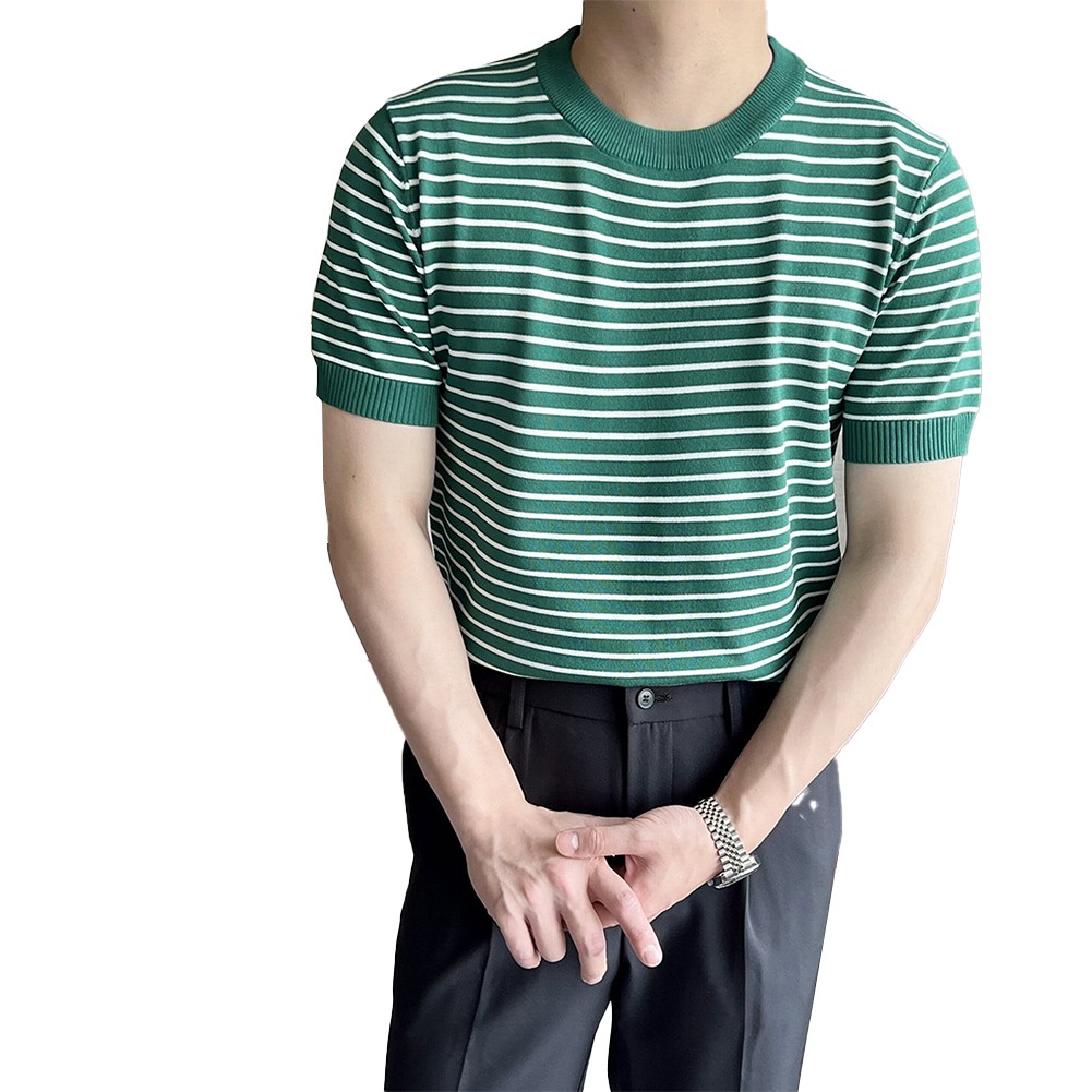Men's Stylish Stripe Crew Neck T Shirt Pullover Short Sleeve Blouse Top - Picture 22 of 32