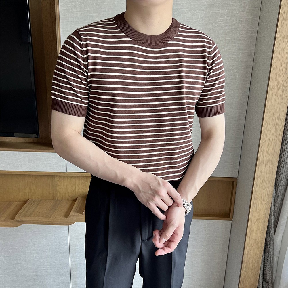 Men's Stylish Stripe Crew Neck T Shirt Pullover Short Sleeve Blouse Top - Picture 19 of 32