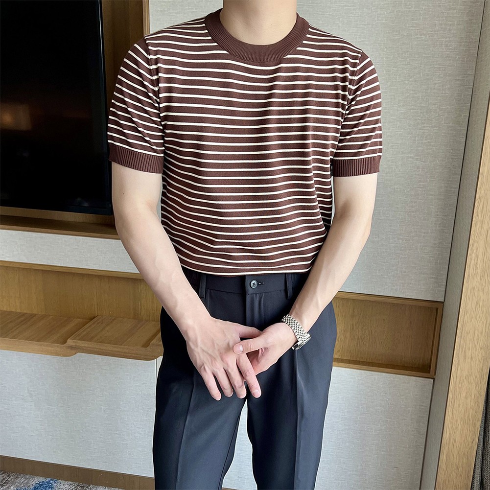 Men's Stylish Stripe Crew Neck T Shirt Pullover Short Sleeve Blouse Top - Picture 20 of 32