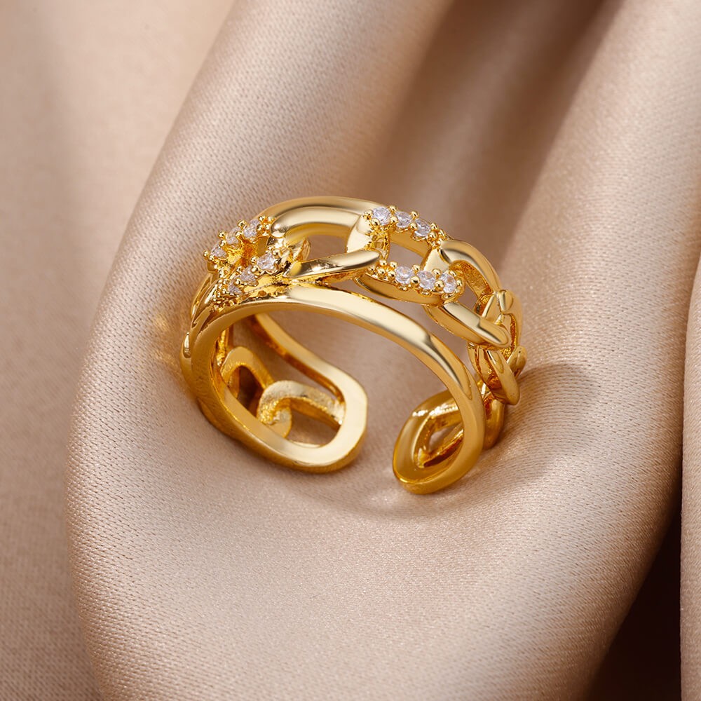 Men Women 18K Gold Diamond Titanium Steel Ring for Wedding and Banquet