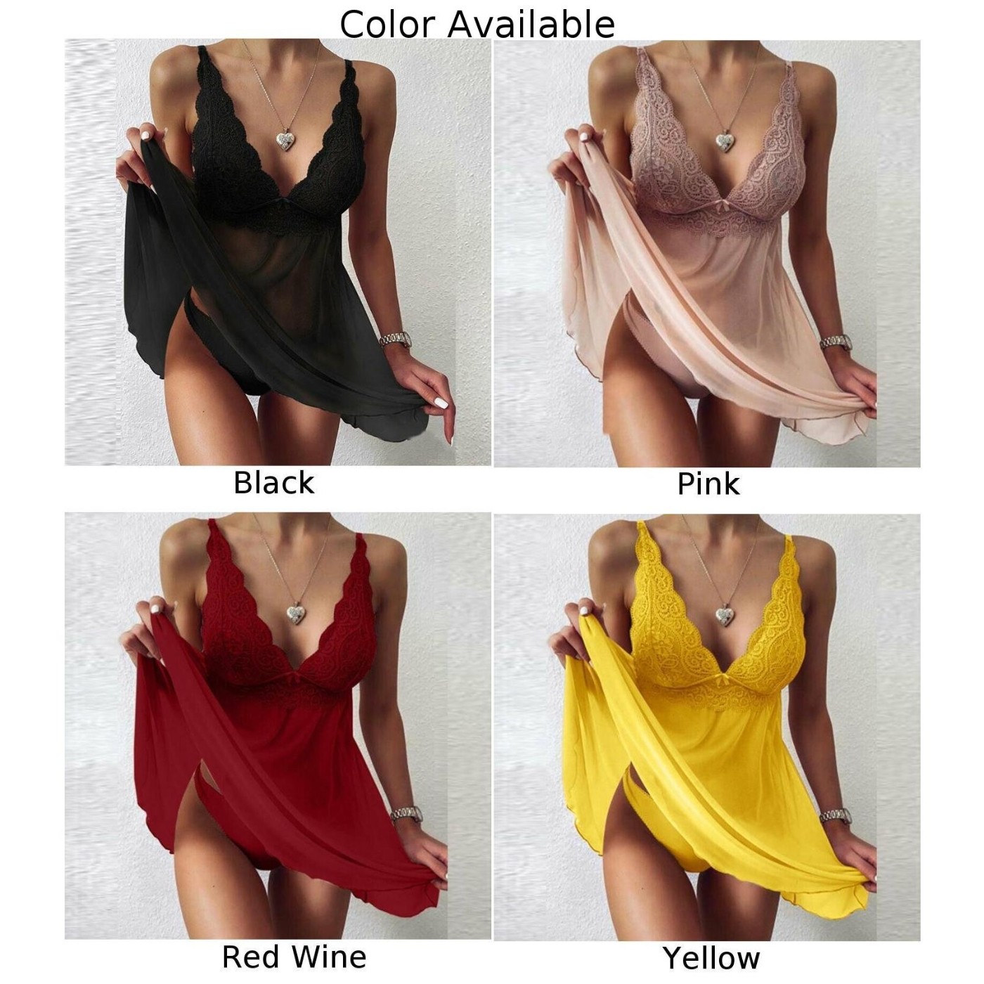 Kleid Robe Sommer Weich Damen Einfarbig Nachtwäsche Spitze Unterwäsche - Bild 9 von 17