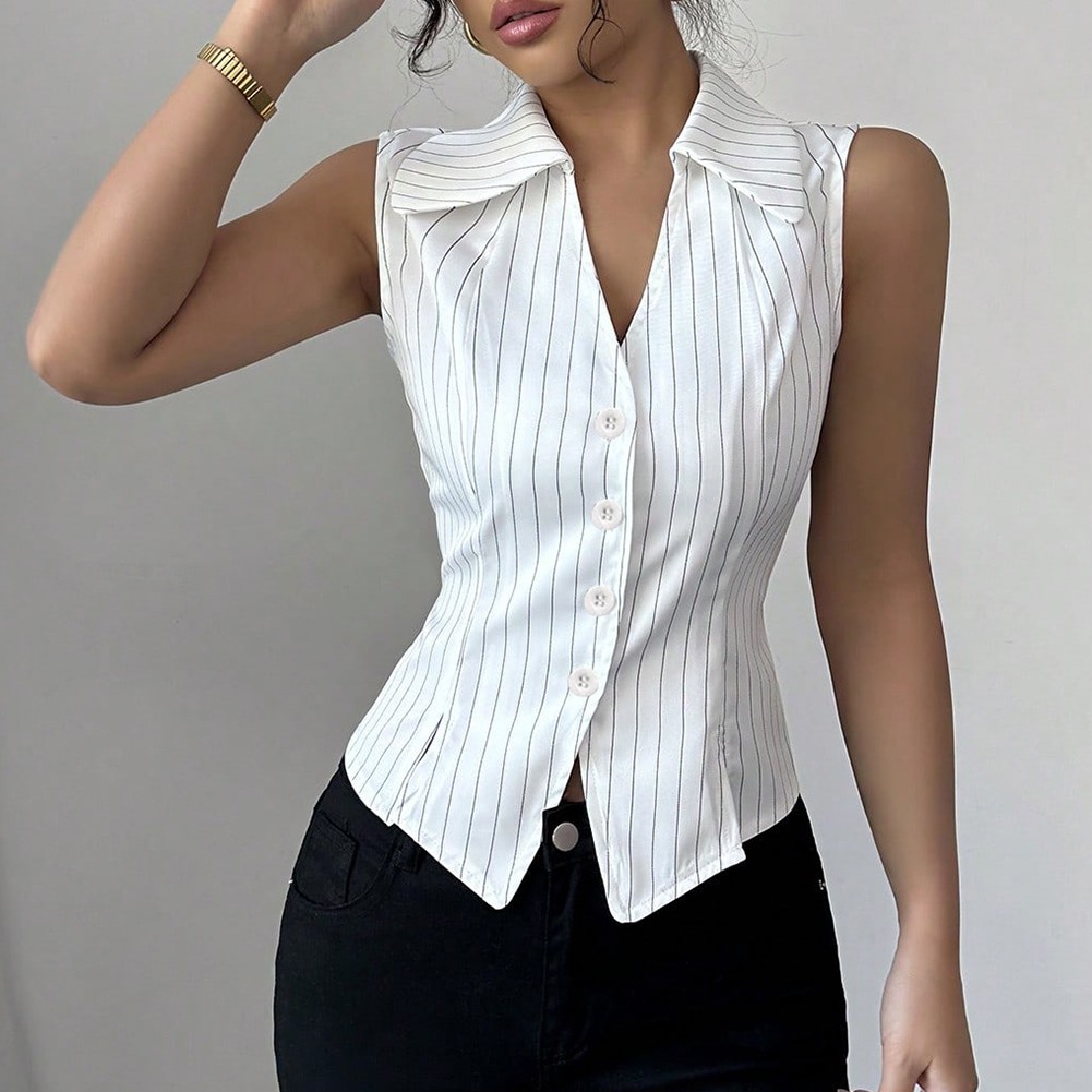Fashion Women's Casual Striped Shirt Sleeveless V Neck Spring Wear - Picture 14 of 39