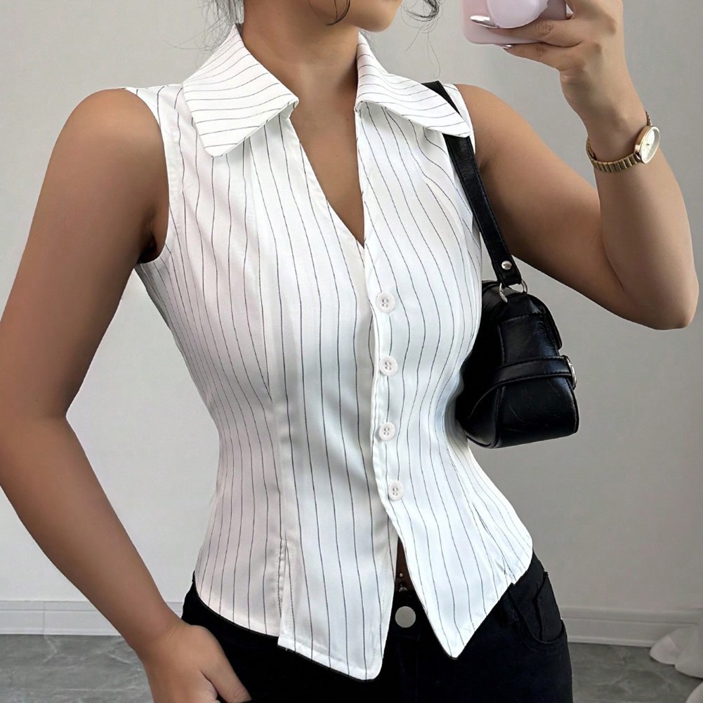 Fashion Women's Casual Striped Shirt Sleeveless V Neck Spring Wear - Picture 17 of 39