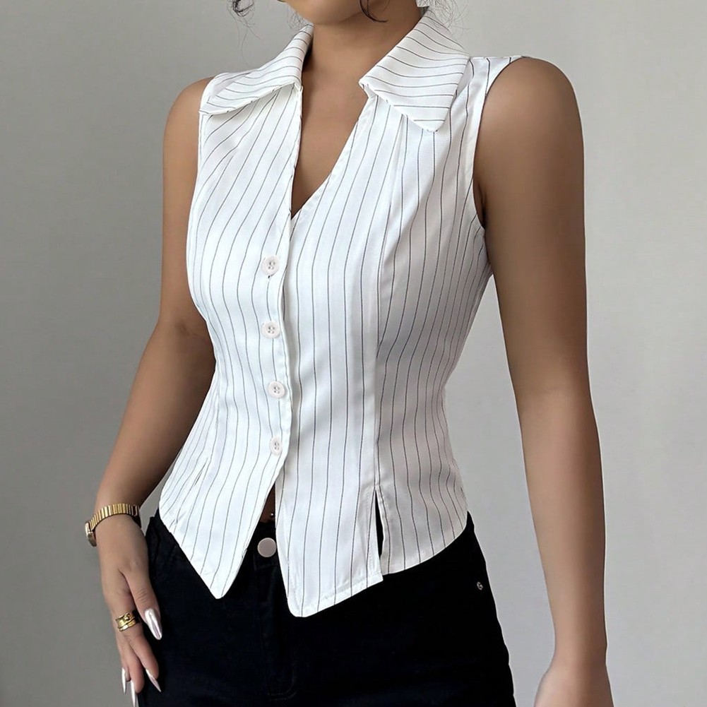 Fashion Women's Casual Striped Shirt Sleeveless V Neck Spring Wear - Picture 15 of 39